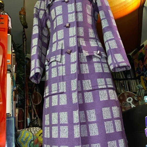 AUTHENTIC VTG Purple💜’Window-Checkered’ Long Coat - Picture 5 of 5